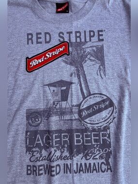 Red Stripe Jamaican Lager Beer Embroidered T-Shirt Mens Size XL Drinking Gray